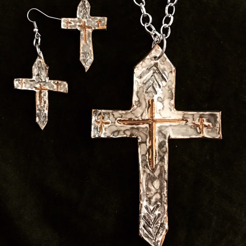 Cross Necklace and Earrings Marbled Platinum with 22kt Yellow Gold