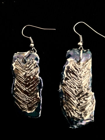 SOLD  -Earrings teal overlay & 22kt white gold with feather look carvings