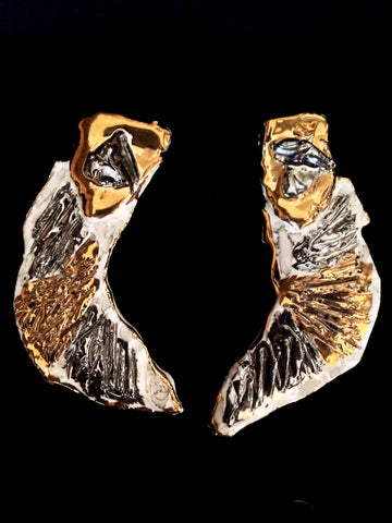 Earrings Hand Carved 22kt White and Yellow Gold