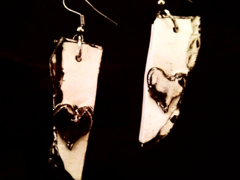SOLD Earrings Heart on Long Hand Sculpted White and 22kt White Gold